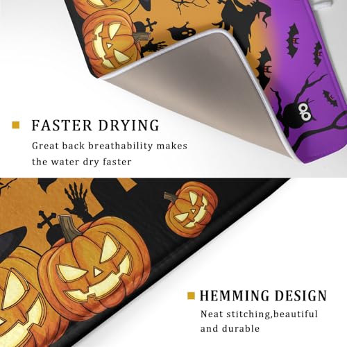 Halloween Pumpkin Dish Drying Mat for Kitchen Counter 18x24 Inch with Witch Ghost Castle Design - Purple Microfiber Drainer Mat