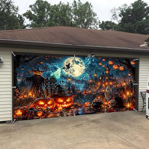 Halloween Garage Door Decor Banner - Spooky Haunted House Pumpkin Witch Moon - 8x7 FT - Outdoor Halloween Decoration