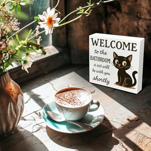 Cat Wooden Sign - Funny Bathroom Decor, Cat Lover Gift, 5x5 Inch