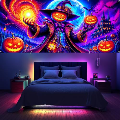 7x16 ft Halloween Garage Door Banner - Blacklight Glow-in-The-Dark Pumpkin Wizard Scene - Outdoor Party Decor - Variation 278
