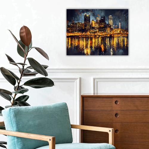 Pittsburgh Skyline Wall Art Canvas Print - Night Cityscape Panorama, 16x12 Inches, Modern Home Decor