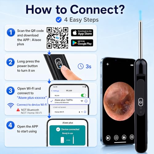 Ear Wax Removal Camera with 1080P HD, Waterproof IP67, WiFi App - Black