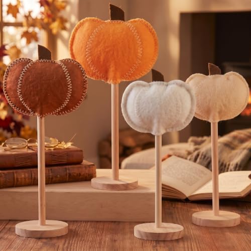 Fall Felt Pumpkin Decor Set with Wooden Bases - Autumn Halloween Thanksgiving Home Accent