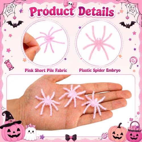 Halloween Mini Pink Fuzzy Spiders Set - 40 Pack for Decorations & Party Favors