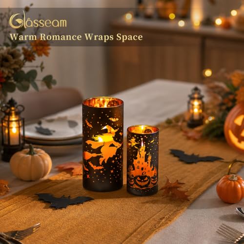 Halloween Candle Holders Set - Black Gold Glitter Pillar Decor, 2 Pcs