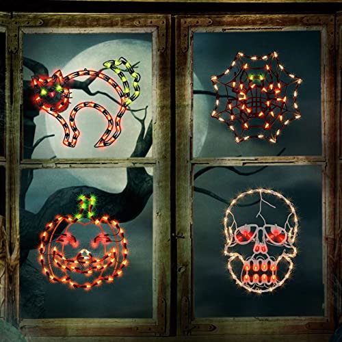 Halloween Lighted Window Silhouette Decorations Set - Jack-O-Lantern, Skull, Cat & Cobweb - 4 Pieces, Indoor & Outdoor Use