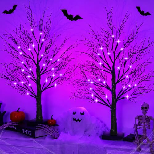Purple Halloween Black Tree Decorations 24 Inch 2 Pack with Lights & Timer