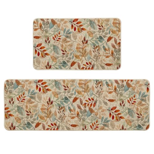 Eucalyptus Leaf Kitchen Mats Set of 2 Non-Slip Durable 17x29 & 17x47 Inches