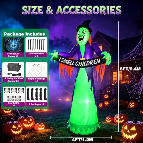 8FT Inflatable Halloween Witch Decor with LED Lights - Greenish Purple Variation