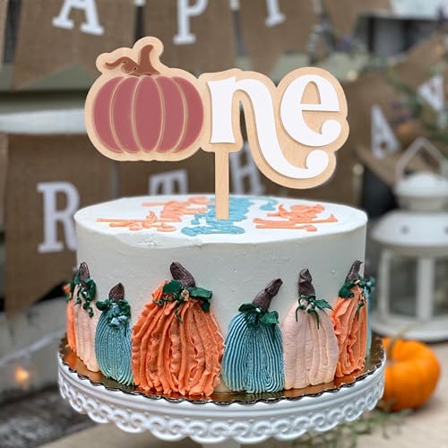 Halloween Pumpkin 1st Birthday Cake Topper - Mauve Wood & Acrylic 'One' with Fall Pumpkin Design