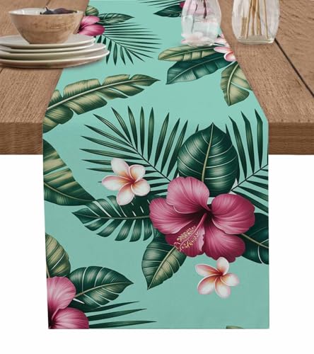Hibiscus Tropical Table Runner - Linen Burlap - 13 x 90 Inch - Hibisci Variation
