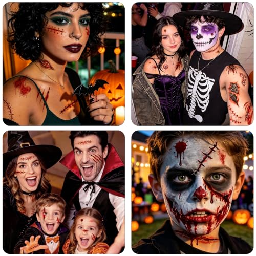 Halloween Fake Scar Tattoos for Face & Body - 18 Large Sheets, Realistic Horror Effects