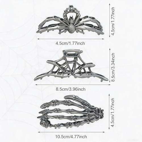 Gothic Hair Claw Clips Set - Spider Skeleton, Cobweb & Bone Hand Design