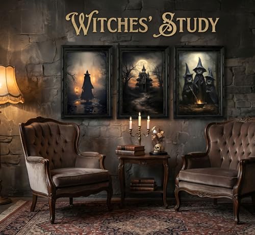 Halloween Canvas Wall Art Set - Dark Academia Gothic Witch Black Cat Castle Framed 16x12