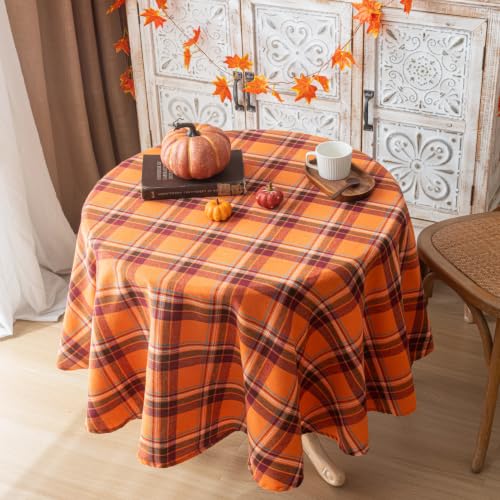 Round Fall Tablecloth 60 Inch Orange Red Plaid Thanksgiving Decor - AQOTHES