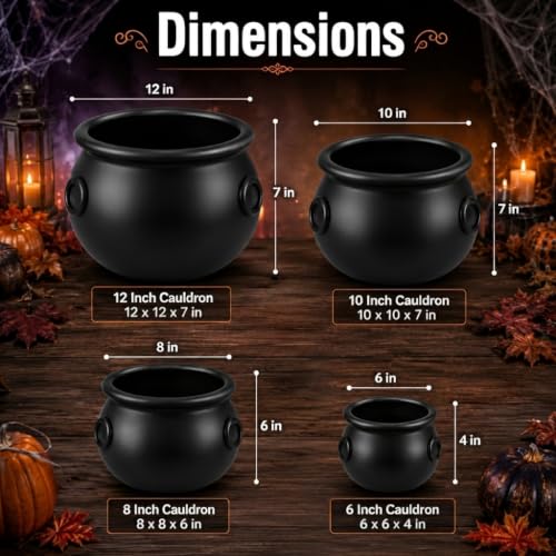 Black 4-Piece Halloween Witch Cauldron Bucket Set - 12, 10, 8 & 6 Inch Sizes