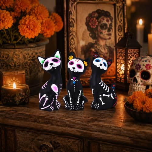 Day of the Dead Skeleton Cat Figurines Set - Halloween Decor, Resin Gothic Statues