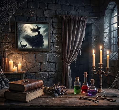 Halloween Witch Canvas Wall Art - Black Framed 12x16in with Black Cat & Moon - Variation: Witch Black Cat 16"L x 12"W