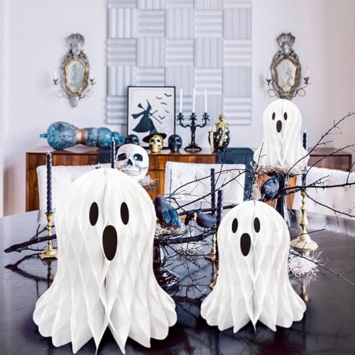 Halloween Ghost Honeycomb Hanging Decorations - 6 Pcs, 25cm, White, Spooky Party Decor