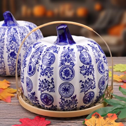 Blue and White Ceramic Pumpkin Decoration with Circular Pattern - 8 Inch