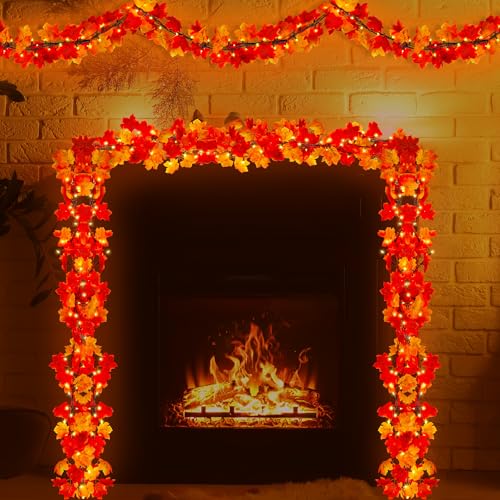 2-Pack 18FT Plug-In Fall Garland with Lights for Thanksgiving & Halloween Decor - Orange Leaves