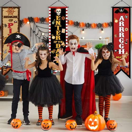 Pirate Party Decorations Banner Set - Beware of Pirates, Arrrggh Matey, Enter of Ye Dare - 3 Pieces, Pirate Theme Flags with Wooden Rod & Ribbons - Variation: 3 / Pirate