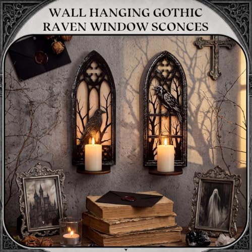 Gothic Wall Candle Sconces Set of 2 - Halloween Cathedral Arch Decor with Removable Trays