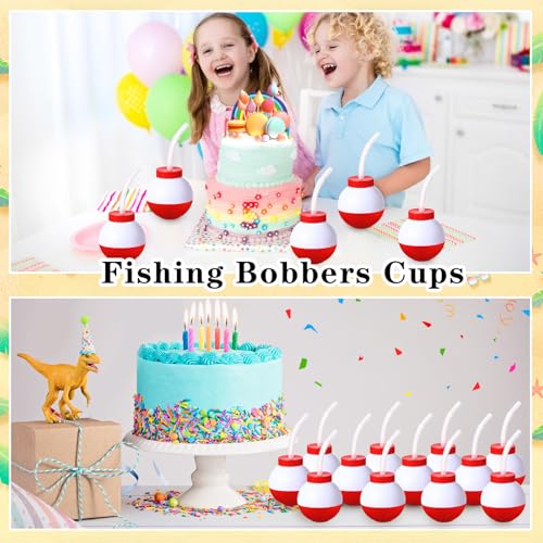 FillTouch 12 Set Fishing Bobbers Cups with Straws and Lids - 10 oz Kids Party Drinkware Variation 12