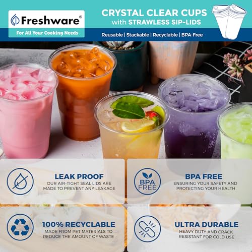 24 oz Clear Disposable Plastic Cups with Strawless Sip Lids - 100 Pack