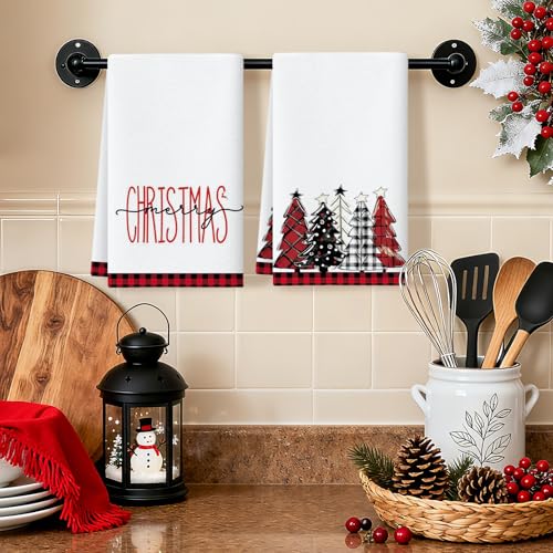 Christmas Buffalo Plaid Kitchen Towels Set of 2 - Black & Red Tree Pattern, 18x26 Inches
