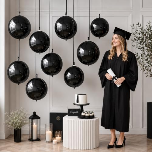 Black Round Foil Balloons - 22 Inch Metallic Latex Party Decor - Set of 9