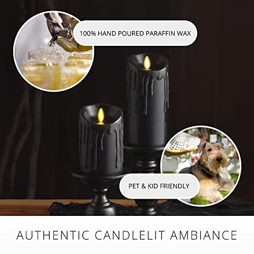 Black Wax Drip Flameless Candle Set - 3 x 6.5 Inch LED Moving Flame Pillars with Timer