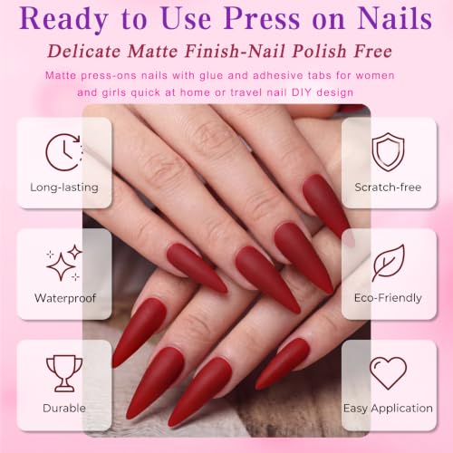 Red Long Stiletto Press On Nails Set with Glue & Tabs - Matte Finish, 144pcs, Easy DIY Manicure