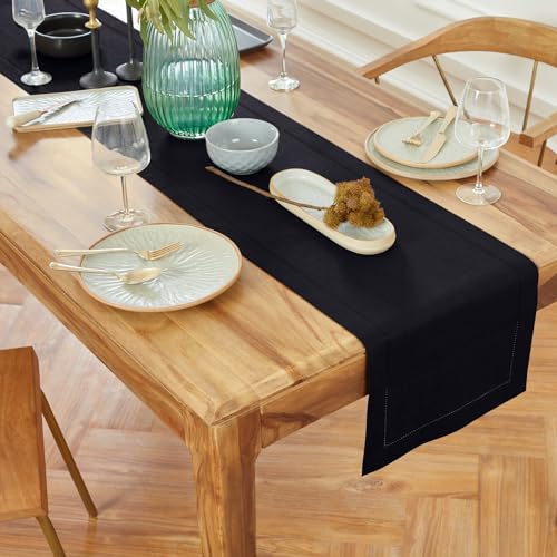 Pure Linen Table Runner Black 14 x 120 Inches - Medium Weight, Handcrafted