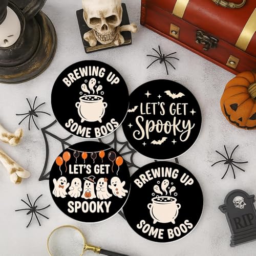 Halloween Coasters Set of 6 Ceramic Ghost Pumpkin Drink Protectors with Holder