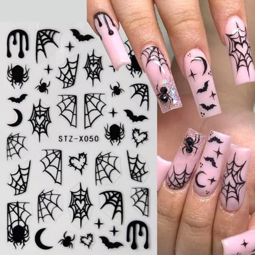 Halloween Spider Web Nail Stickers - Black Stars Moon Flame Design, 8 Sheets, DIY Manicure Decorations - Black Variant