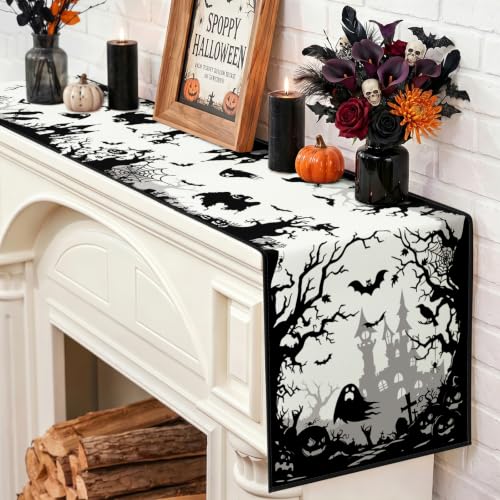Artscope Halloween Haunted House & Ghost Table Runner 13x48 Inch - Spooky Fall Kitchen Decor
