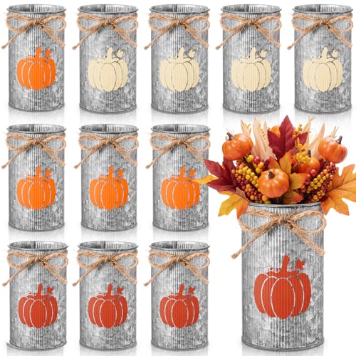 Thanksgiving Fall Pumpkin Vases Set of 12 - Rustic Galvanized Metal Centerpieces
