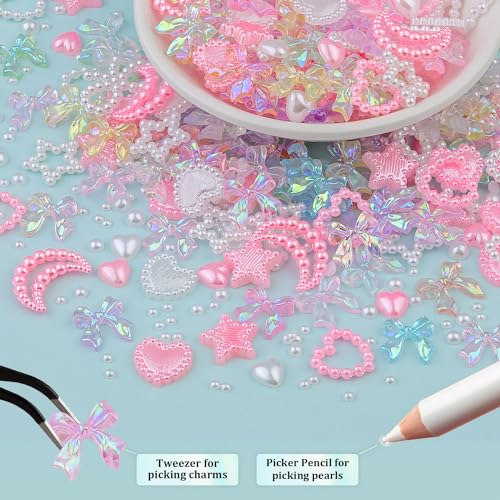 600 Pcs Nail Charms Set with Bow, Heart, Moon & Pearls - 8 Colors, Model 11