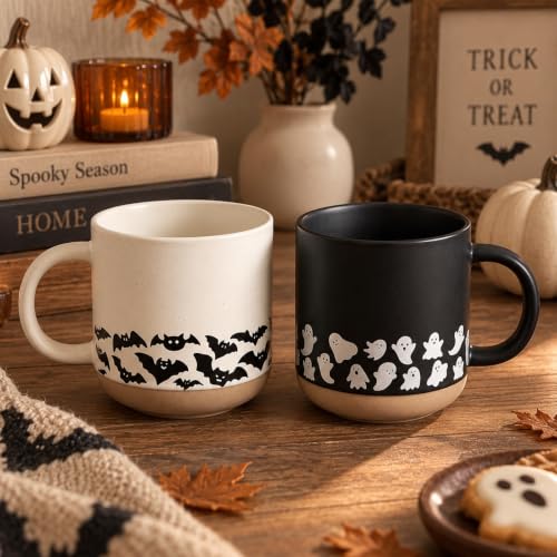 Halloween Bat Ghost Ceramic Coffee Mug Set - 2 Pcs, 19 oz, Spooky Drinkware