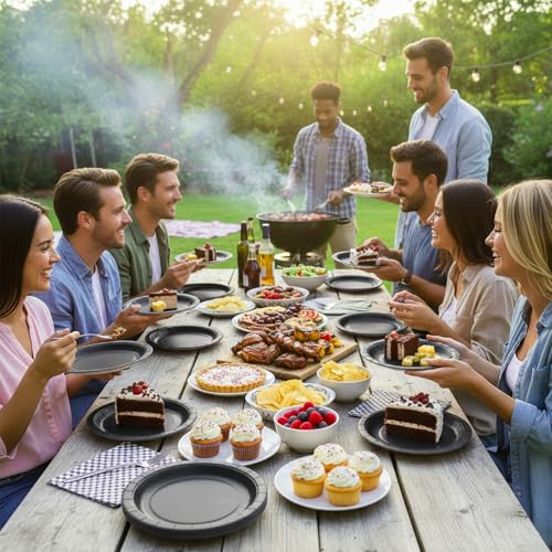 Black Disposable Paper Plates 7 Inch Set of 50 Heavy Duty Party Dinnerware