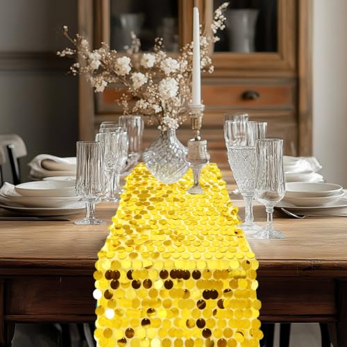Golden Yellow Sequin Table Runner Set - 3 Pack 12 x 108 Inch for Wedding Party
