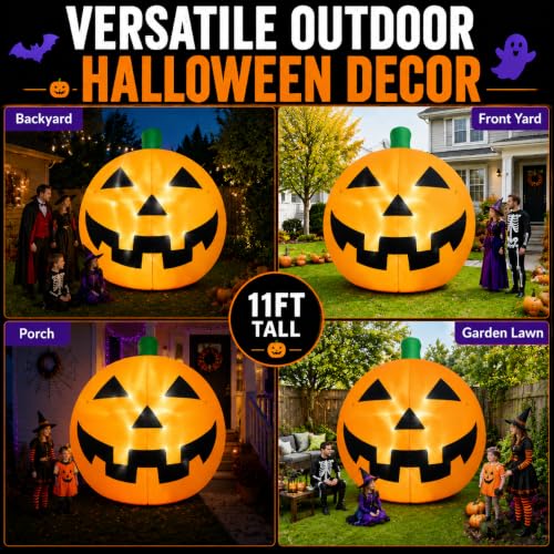 11FT Giant Inflatable Pumpkin with LED Lights - Outdoor Halloween Yard Decor