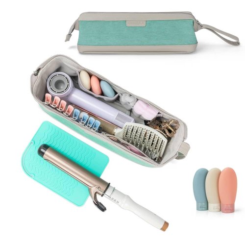 BeautyLA ‍Hair Tool Travel Bag with Heat Resistant Mat – Travel Case for Curling Iron, Straightener, Dy son Air wrap, Shark FlexStyle – Waterproof Organizer with Silicone Bottles