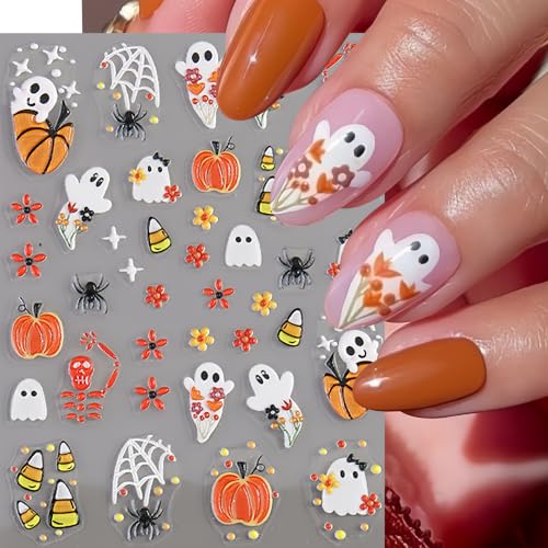 Halloween Nail Art Stickers Set - Ghost Pumpkin Spider Web Bat & Fall Leaves - Style04