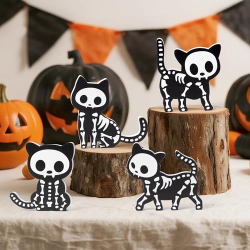 Halloween Skeleton Cat Wooden Figurines Set - Spooky Indoor Decor, 4 Pieces