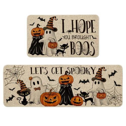 Halloween Spider Web Kitchen Mats Set of 2 - 17x29 & 17x47 Inches, Beige