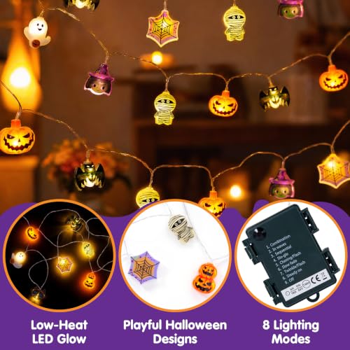 Halloween String Lights Set - 19.7Ft 30 LED Ghost & Pumpkin 3D Designs, Battery Operated with 8 Modes, Indoor Outdoor Decor, Multiple Character Variations