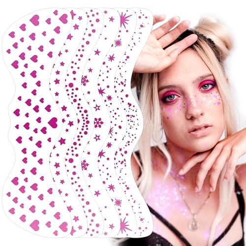 Pink Glitter Face Tattoos - 6 Sheets Sparkling Freckles & Metallic Face Gems for Festivals