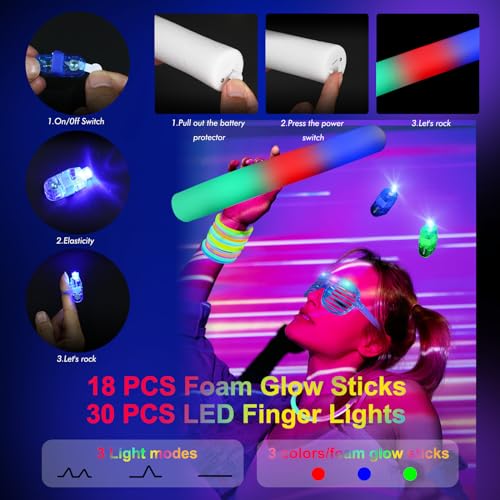 Glow in the Dark Party Supplies Set with LED Glasses, Foam Sticks & Headbands for Events